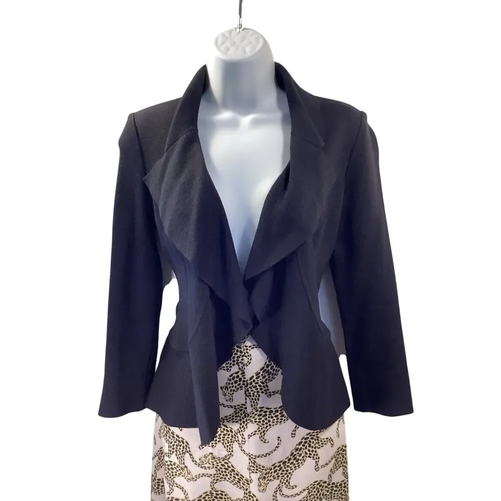 ST. JOHN CAVIAR Black Open Cardigan Ruffle Edge Wool Jacket Evening Blazer 2
